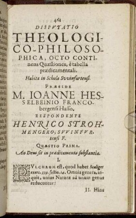 Disputationis Theologico-Philosophica Octo Continens Quaestiones [...]