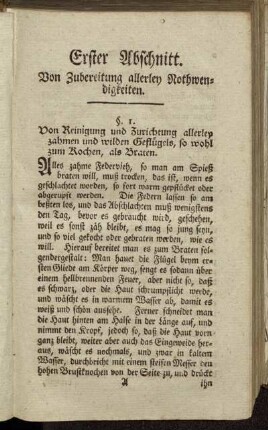 Erster Abschnitt. Von Zubereitung allerley Nothwendigkeiten