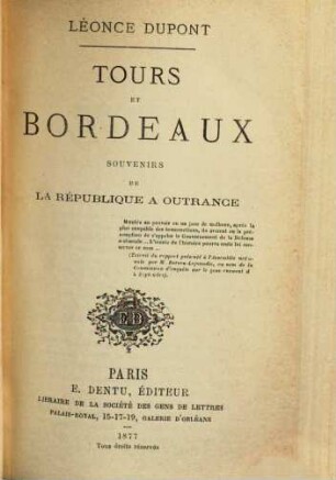 Tours et Bordeaux : souvenirs de la république à outrance