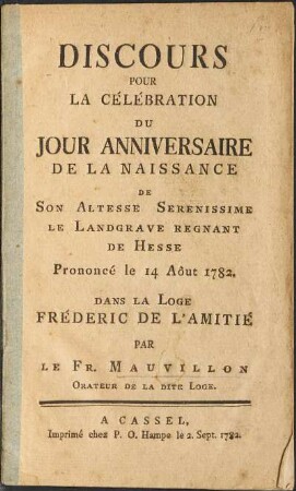 Discours Pour La Célébration Du Jour Anniversaire De La Naissance De Son Altesse Serenissime Le Landgrave Regnant De Hesse