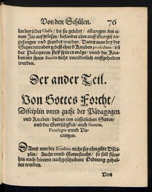 Der ander Teil. Von Gottes Forcht/ Disciplin unnd zucht der Pädagogen und Knaben ...