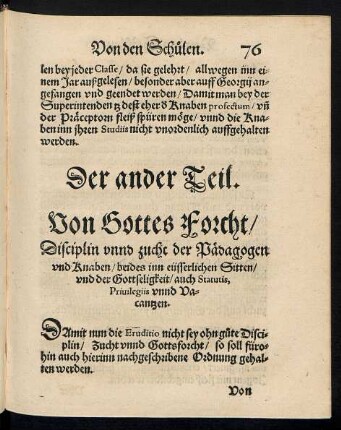 Der ander Teil. Von Gottes Forcht/ Disciplin unnd zucht der Pädagogen und Knaben ...