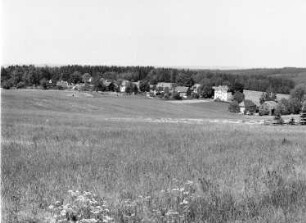 Markneukirchen-Wernitzgrün. Ortsteilansicht über eine Wiese