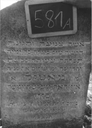 Grabstein 581 (Index: 100111458) Material: Kalkstein Zustand: gut Maße HxBxT: 129x63x24 cm Beschreibung: Stele, getreppter Sockel, Segmentbogenabschluß: Grabstein 581A