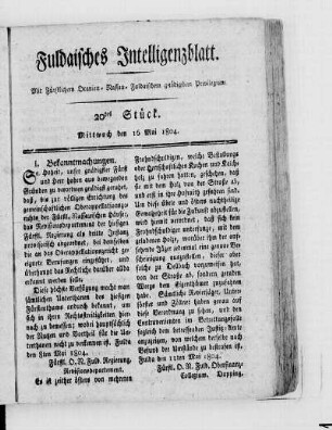 20tes Stück, Ausgabe vom 16. Mai 1804