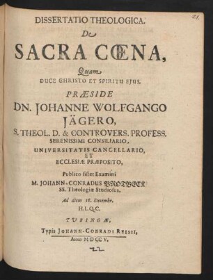 Dissertatio Theologica. De Sacra Cœna