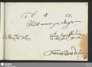 Bl. 33r: Francois Baro de Lingner. Paris, 1658.