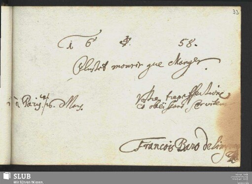 Bl. 33r: Francois Baro de Lingner. Paris, 1658.