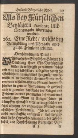 Als bey Fürstlichen Beylägern Praesente und Morgengabe überreichet worden. 262. - 274.