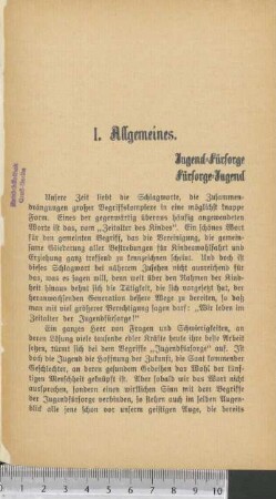 I. Allgemeines. Jugend-Fürsorge, Fürsorge-Jugend