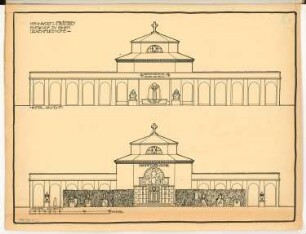 Urnenhalle Monatskonkurrenz Dezember 1913: Aufriss Vorderansicht, Rückansicht 1:100; Maßstabsleiste