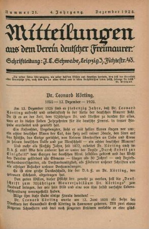 Nummer 21. 4. Jahrgang. Dezember 1925.