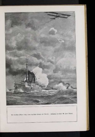 Ein deutscher Flieger belegt einen englischen Kreuzer mit Bomben. Zeichnung von Prof. M. Zeno Diemer.