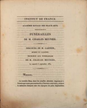 Funérailles de M. Charles Meynier : Discours de M. Garnier ... le samedi 8 septembre 1832