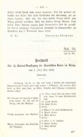 Anl. 10. Vorschrift über die Natural-Verpflegung des schwedischen Heeres im Kriege, vom 5. (15.) Mai 1633.