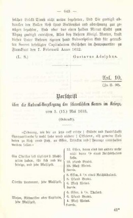 Anl. 10. Vorschrift über die Natural-Verpflegung des schwedischen Heeres im Kriege, vom 5. (15.) Mai 1633.