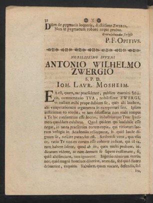 Nobilissimo iuveni Antonio Wilhelmo Zwergio S.P.D. Joh. Laur. Mosheim