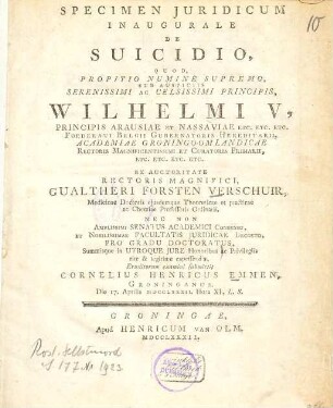 Specimen iuridicum inaugurale de suicidio ...