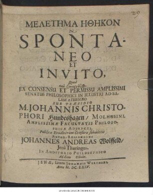Meletēma Ēthēkon De Spontaneo Et Invito