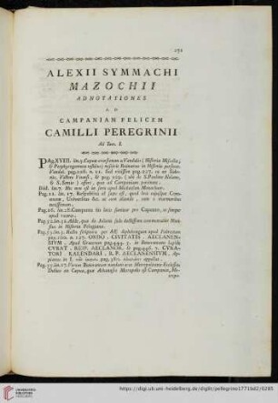 Alexii Symmachi Mazochii adnotationes ad Campaniam felicem Camilli Peregrinii