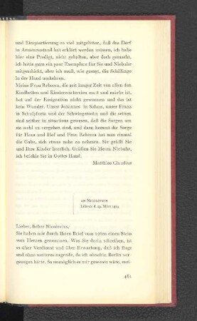 An Nicolovius Lübeck, den 29. März 1814