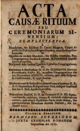 Acta causa rituum seu ceremoniarum Sinensium ...