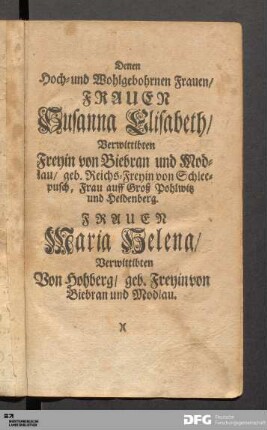 Denen Hoch- und Wohlgebohrnen Frauen...