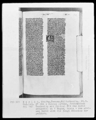 Biblia latina — Initiale E (t rex david senuerat), darin David und Abishag, Folio 142recto