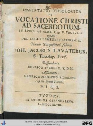 Dissertatio Theologica De Vocatione Christi Ad Sacerdotium In Epist. Ad Hebr. Cap. V. Vers. 4, 5, 6.