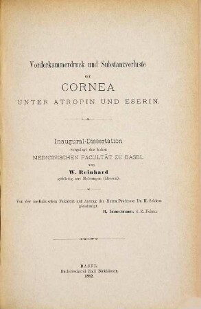 Vorderkammerdruck und Substanzverluste der Cornea unter Atropin und Eserin : Inaug.-Diss.