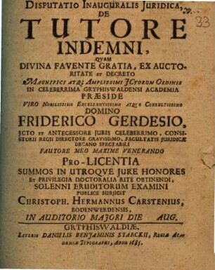 Disputatio inauguralis juridica de tutore indemni