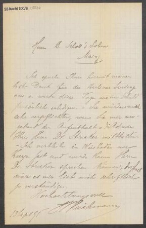 Brief an B. Schott's Söhne : 13.09.1895