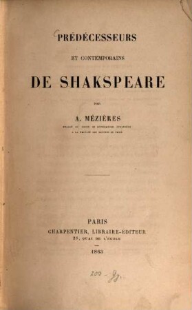 Prédécesseurs et contemporains de Shakspeare