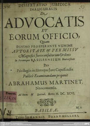 Dissertatio de advocatis et eorum officio