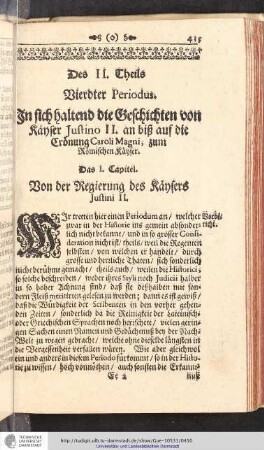 Vierdter Periodus. In sich haltend die Geschichten von Käyser Justino II. an bis auf die Crönung Caroli Magni, zum Römischen Käyser.
