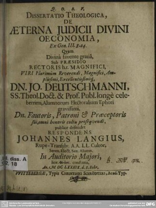 Dissertatio theologica, de aeterna judicii divini oeconomia, ex Gen. III, 8-24