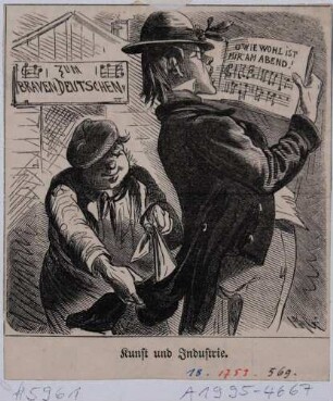 Karikatur zum Ersten Deutschen Sängerbundfest in Dresden 1865: "Kunst und Industrie."