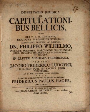 Dissertatio Juridica [Iuridica] De Capitulationibus Bellicis