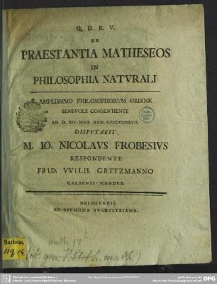 De Praestantia Matheseos In Philosophia Naturali