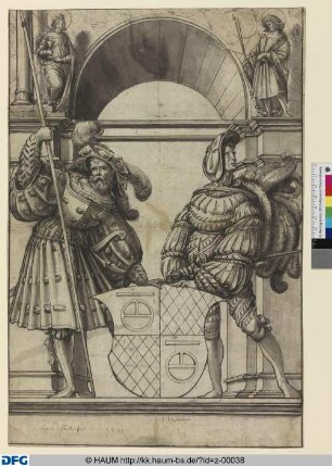 Wappen der Luzerner Familie Fleckenstein, von zwei Landsknechten gehalten