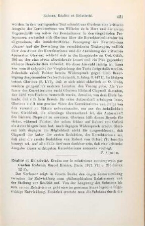 421-422 [Rezension] Rabeau, Gaston, Réalité et relativité