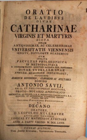 Oratio de laudibus Divae Catharinae Virginis et Martyris