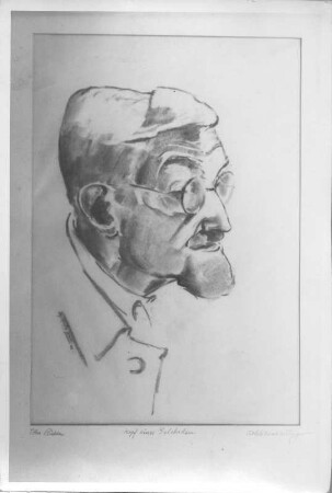 Kopf eines Gelehrten (Hans Richter). Kohlezeichnung (um 1940; E. Richter). Dresden-Südvorstadt, Eisenstuckstraße, Atelier der Künstlerin