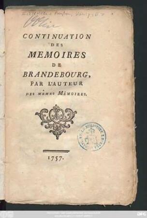 Continuation Des Memoires De Brandebourg
