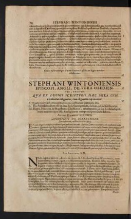 Stephani Wintoniensis Episcopi, Angli, De Vera Obedientia, Oratio.