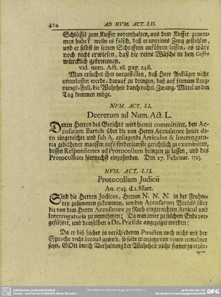 Num. Act. LII. Protocollum Judicii An. 1723. d. 1. Mart.