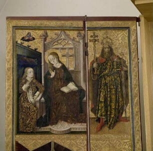 Bosseroder Altar — Altarinnenflügel links - Mariä Verkündigung, Anbetung der Könige und zwei Heilige — Verkündigung der Geburt Christi