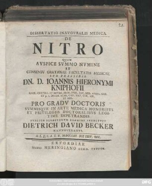 Dissertatio Inavgvralis Medica De Nitro