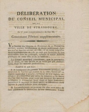 Déliberation du conseil municipal de la ville de Strasbourg, du 3.e jour complémentaire de l'an XI. Concernant l'octroi supplémentaire.