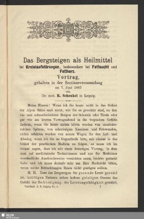 Das Bergsteigen als Heilmittel bei Kreislaufstörungen, insbesondere bei Fettsucht und Fettherz : Vortrag gehalten in der Sectionsversammlung am 7. Juni 1885
